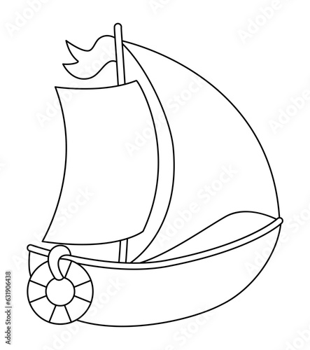 Vector black and white yacht with sails and life circle. Water line transport icon. Funny nautical transportation boat clipart for kids. Cute marine vehicle icon or coloring page.