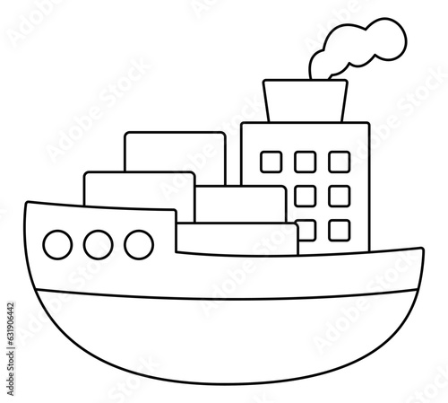 Vector black and white barge with tubes, steam, freight. Water transport line icon. Funny nautical transportation steam ship clipart for kids. Cute marine vehicle or coloring page.