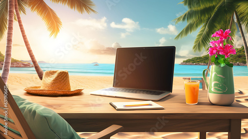 Teleworking at the beach  business  laptop  working on a laptop outside  in front of the sea  teleworking from everywhere  man siting at the beach with a laptop  working from abroad  paradise island