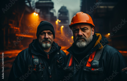 Two bearded adult men wearing same uniform jackets look at camera. Workers stand near the plant exterior. Blurred backdrop.