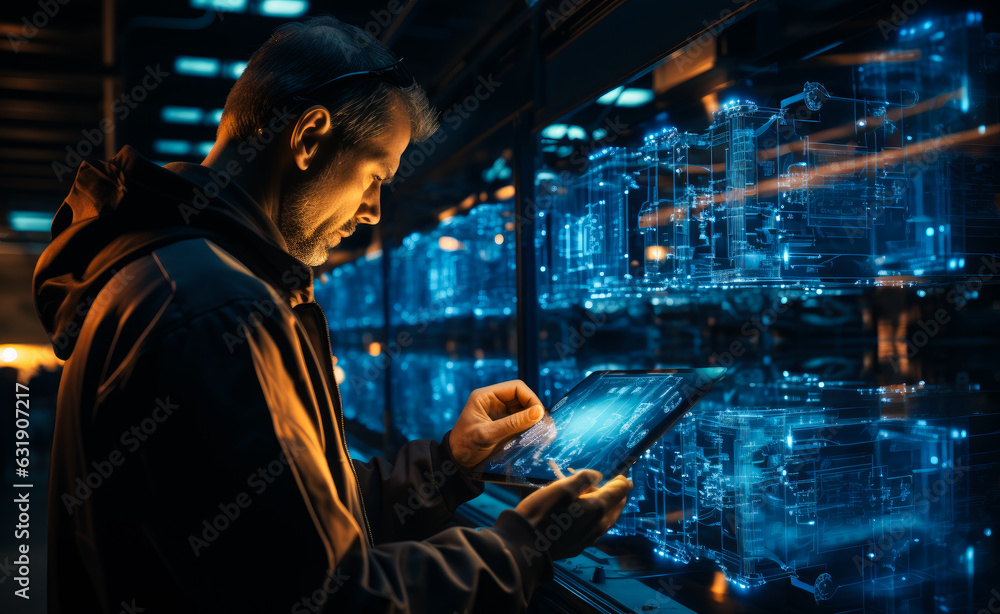 Focused man wearing brown jacket looks at his I-pad. Long row with neon 3d images in front of the man. Focused man wearing brown jacket looks at his I-pad. Long row with neon 3d images in front of the man.
