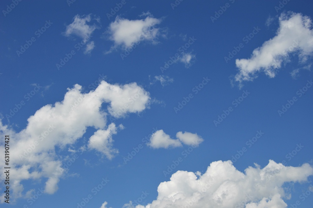 White voluminous clouds against a bright clear blue sky on a clear day. White voluminous clouds against a bright clear blue sky on a clear day.