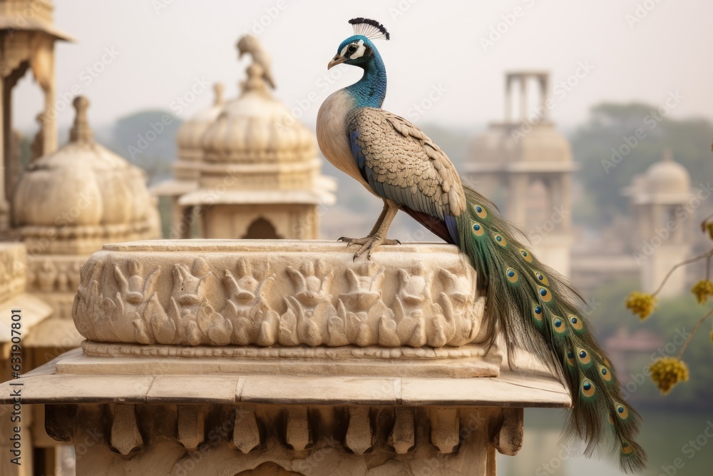 Fototapeta premium Peacock on the edge of the Taj Mahal in Agra, India, A captivating image of a majestic exotic bird in city, AI Generated