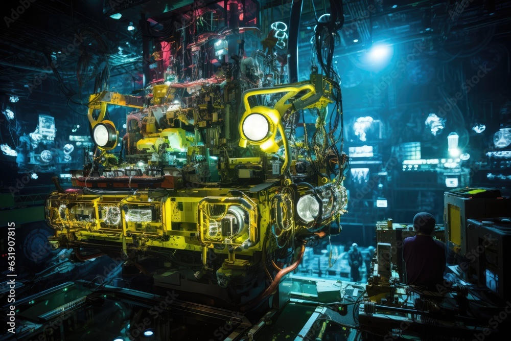 Obraz premium Industrial robot manipulator in factory. Industrial robot manipulator. A seabed mining operation in the heart of the Pacific, an underwater environment and unique features of the mine, AI Generated