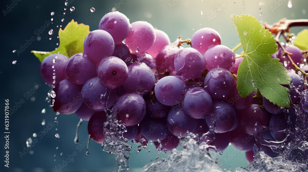 Ripe grapes in splashes of water on a dark background.