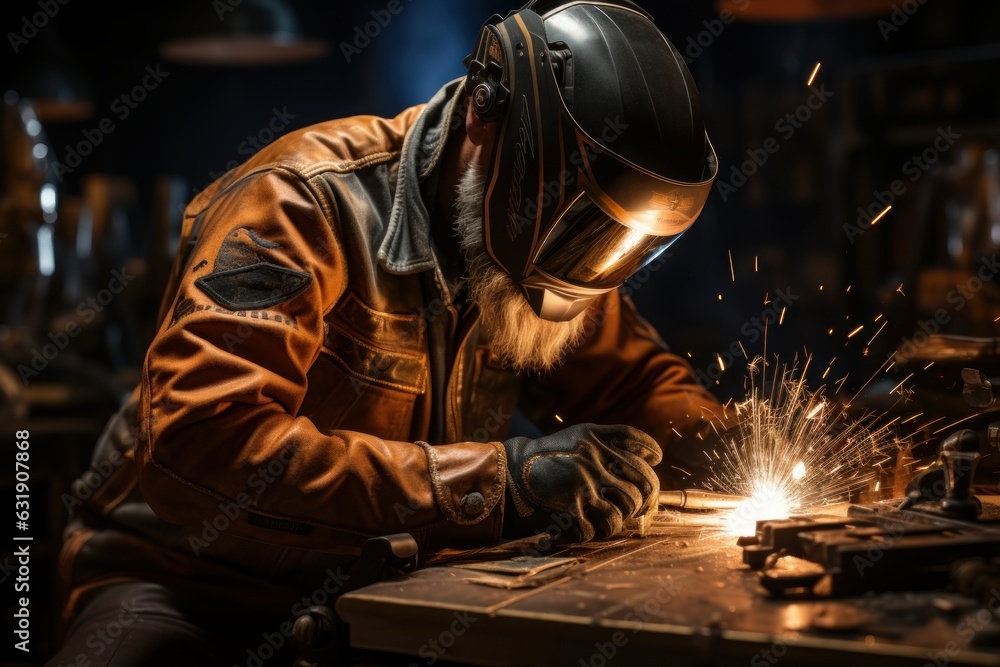 specialized welder with mask and sparks