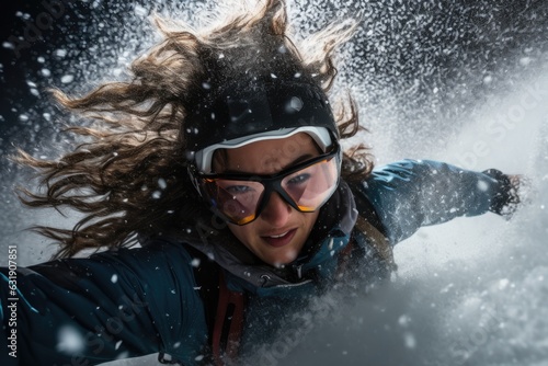 Portrait of a woman snowboarder in goggles and snowboard suit. A woman riding a snowboard in the snow, her face contorted with emotion and determination, AI Generated © Iftikhar alam