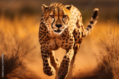 Cheetah running in the savannah in Namibia, Africa, a cheetah running closeup, AI Generated