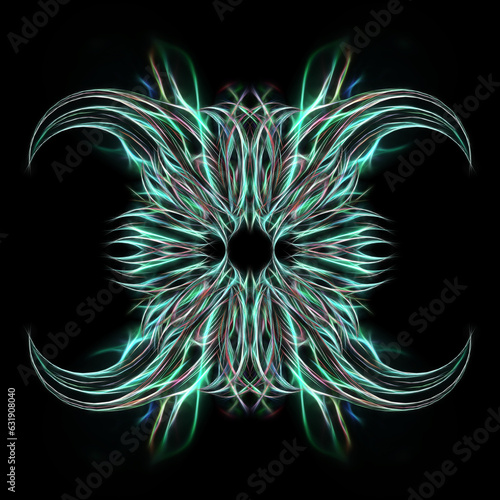 delicate and glowing spiky design in shades of dull green on a black background