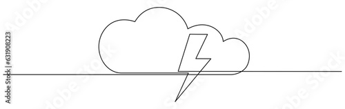 Cloud with thunderbolt continuous one line drawn. Lightning bolt linear symbol. Bad weather sign. Vector illustration isolated on white.