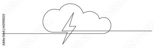 Cloud with thunderbolt continuous one line drawn. Lightning bolt linear symbol. Bad weather sign. Vector illustration isolated on white.