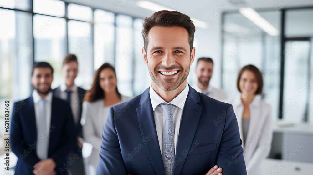 Delighted businessman with colleagues in a modern office