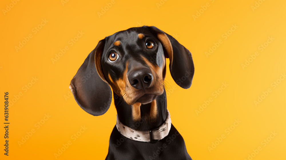 A cheerful coonhound on a tangerine background
