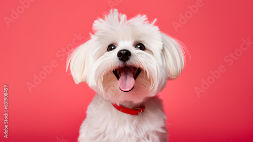A delighted maltese on a coral background photo