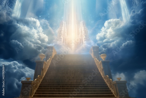 Ascending the celestial staircase, cloudy skies part, revealing Heavens' gate, Generative AI