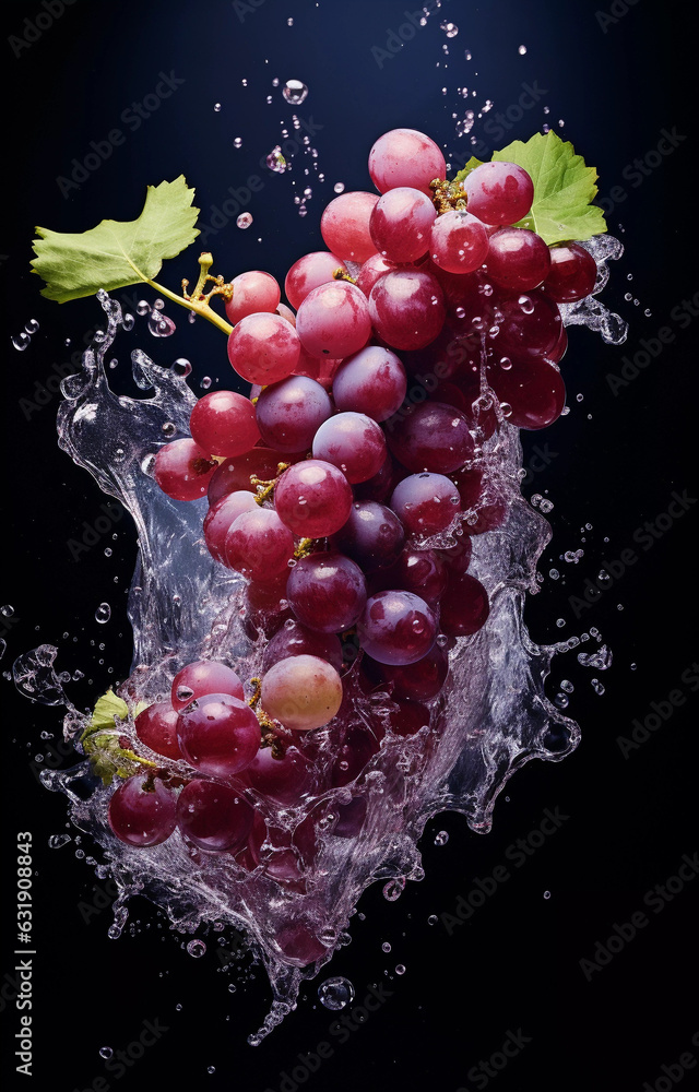 Ripe grapes in splashes of water on a dark background.