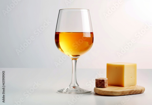 Wine glass with white wine and cheese on a white background. Classic wine composition.