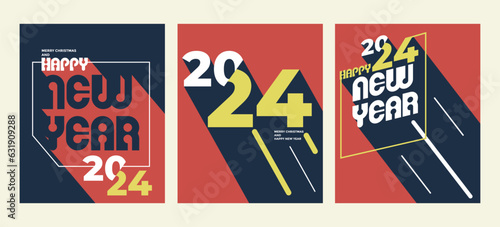 2024 colorful set of Happy New Year posters. Abstract design typography logo 2024 for vector celebration and season decoration, backgrounds, branding, banner, cover, card and or social media template.