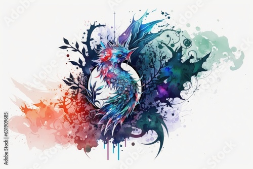 Colorful rooster on a grunge background with watercolor splashes