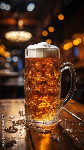 A full of beer jug with foam on the table. low light photography in bar.