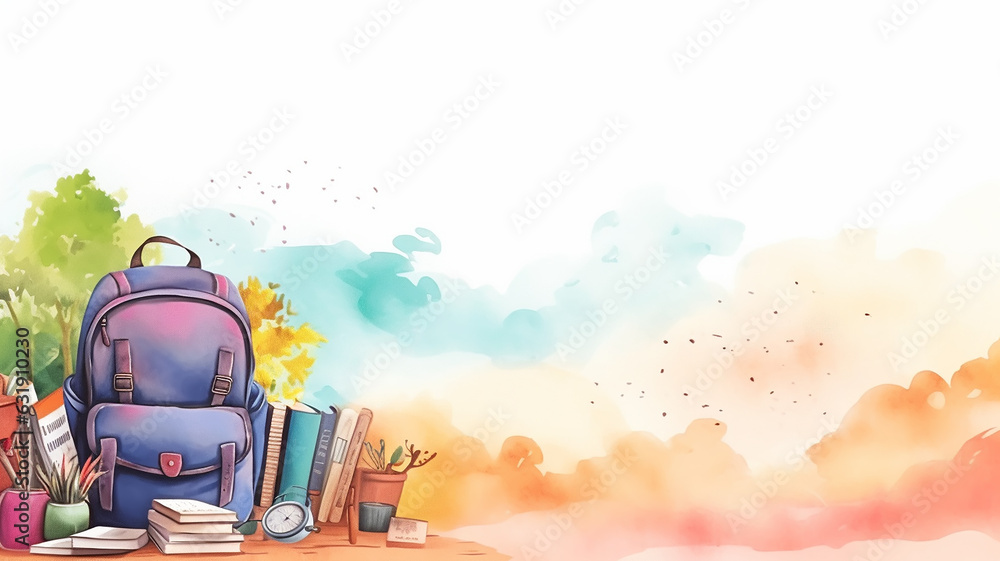 Fototapeta school backpacks school supplies on white background light watercolor painting drawing back to school