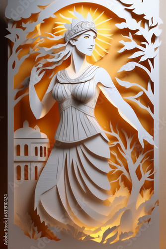 Greek goddess and grateful light and shadow lighting and thunder paper art paper cut style photo