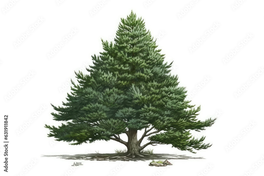 Illustration of a Picea pungens glauca procumbens tree, white background. Generative AI