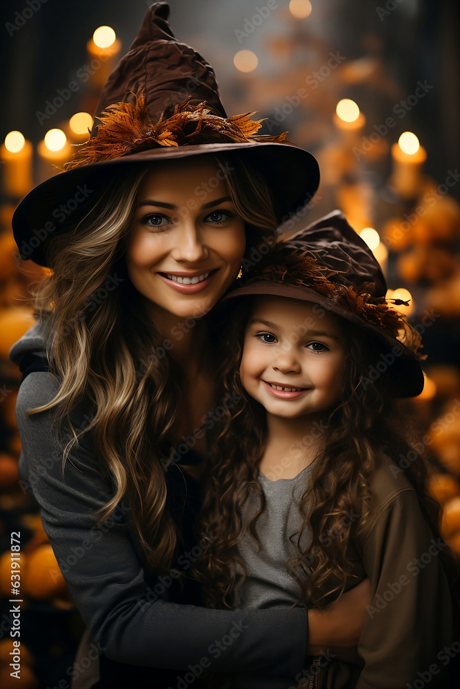 Fototapeta premium Mom and daughter in witch's hats on Halloween. Generative AI