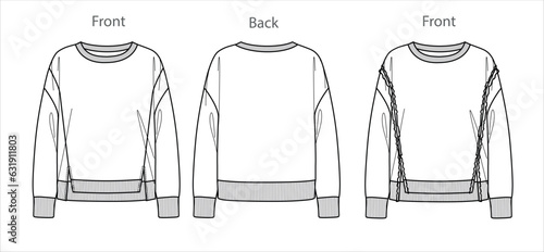Vector oversize woman sweatshirt fashion CAD, long sleeved round neck sweatshirt technical drawing, template, sketch, flat. Fleece or woven fabric unisex sweatshirt with front, back view, white color