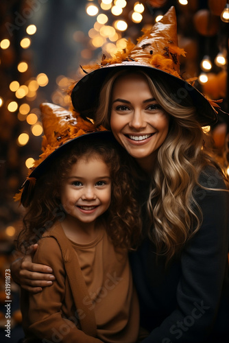 Mom and daughter in witch's hats on Halloween. Generative AI