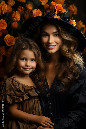 Mom and daughter in witch's hats on Halloween. Generative AI