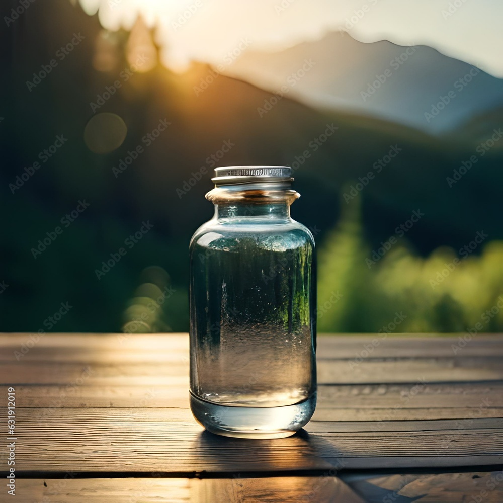 empty glass jar on wooden table during sunset in garden