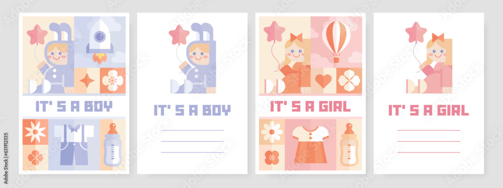 Set of baby shower invitation template with cartoon characters. Retro simple minimal style. Geometric elements. Its a girl, its a boy. Vector illustration