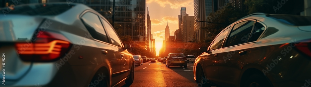 Street view with tall skyscrapers in the sunset. Modern cars in the middle of wide sunlit street lanes. Image made by Generative AI