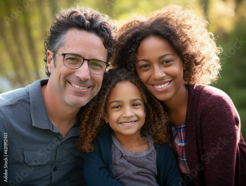 Casual close-up portrait of mixed-race family of white father, black mother, and biracial daughter.  All are looking at the camera and smiling.