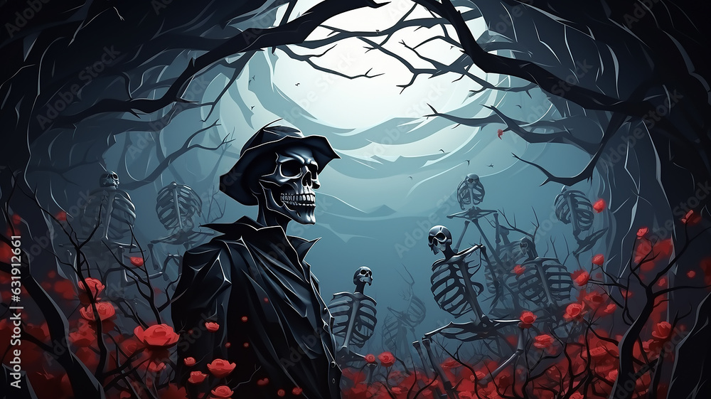 polygonal style halloween poster skeleton zombie monster background with copy space.