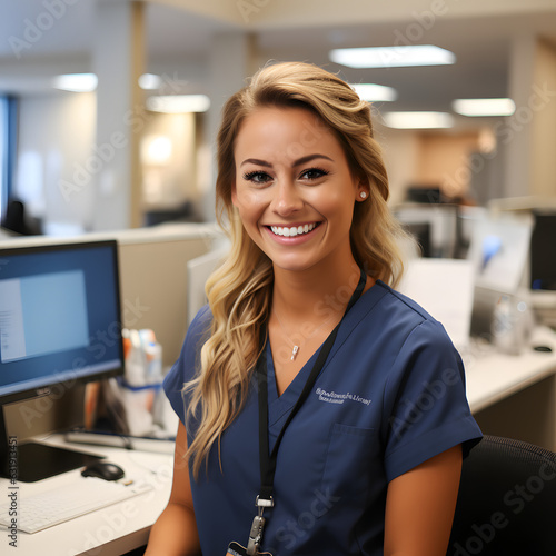 Happy medical billing coding specialist working office. Portrait of a female doctor photo