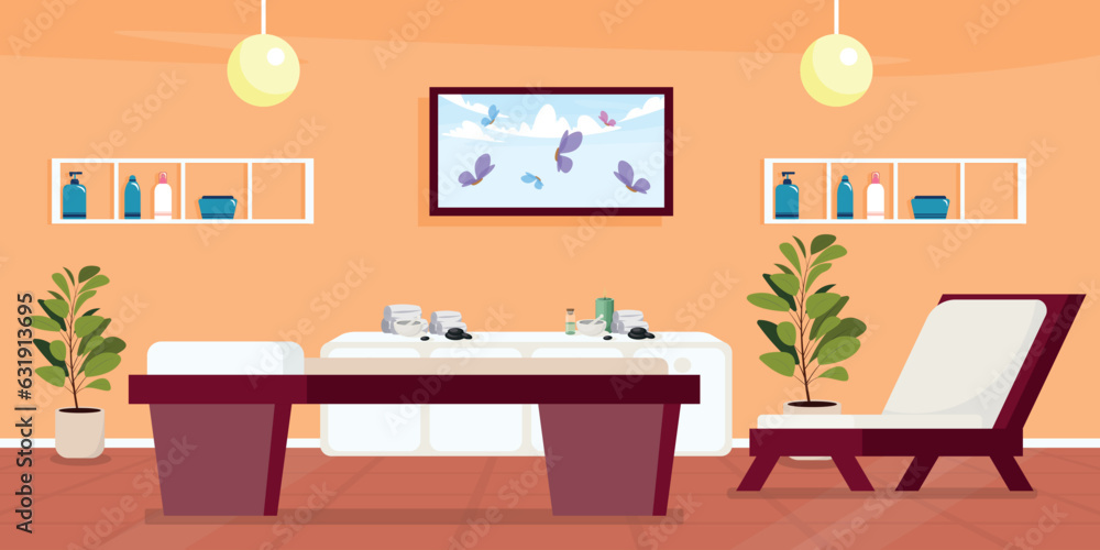 Spa salon vector illustration in cartoon style. Massage table, lounger, lamp, flowerpot, massage ingredients and painting in the relaxation room. Massage, healing procedures.