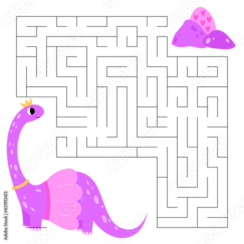 Princess brachiosaurus maze game for kids. Cute pink dinosaur looking for a way to the dinosaur egg. Printable worksheet with solution for school and preschool.