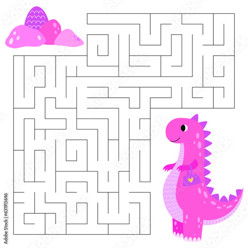Princess tyrannosaurus maze game for kids. Cute pink dinosaur looking for a way to the dinosaur egg. Printable worksheet with solution for school and preschool.