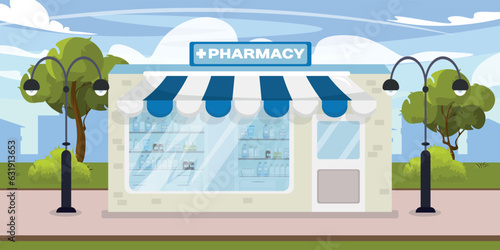 Vector illustration of a pharmacy on the background of a big city in cartoon style. Lanterns illuminate the street around, trees grow behind. Sale of medicines. Medicine, treatment of people.