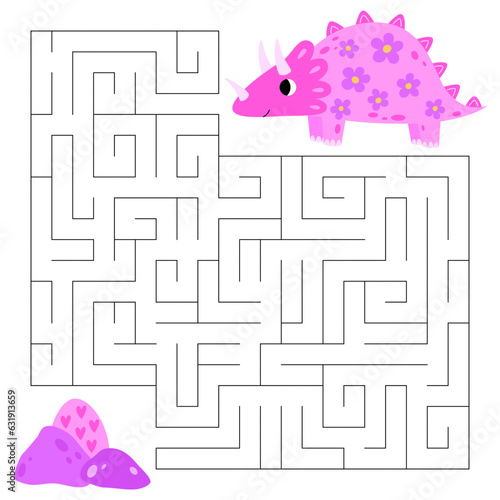 Princess triceratops maze game for kids. Cute pink dinosaur looking for a way to the dinosaur egg. Printable worksheet with solution for school and preschool.