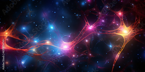 Neurons chaos data, vibrant colors, future technology. Neural and neuronal linked information and communication. 