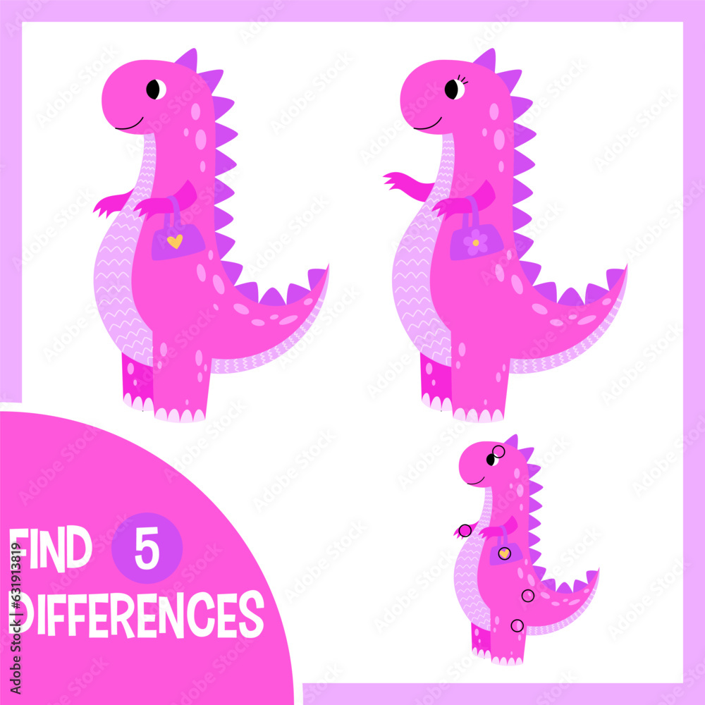 Find differences. Educational game for children. Tyrannosaurus princess, girl dinosaur.