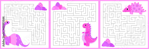 Set princess maze game for kids. Cute pink dinosaur looking for a way to the dinosaur egg. Printable worksheet with solution for school and preschool.