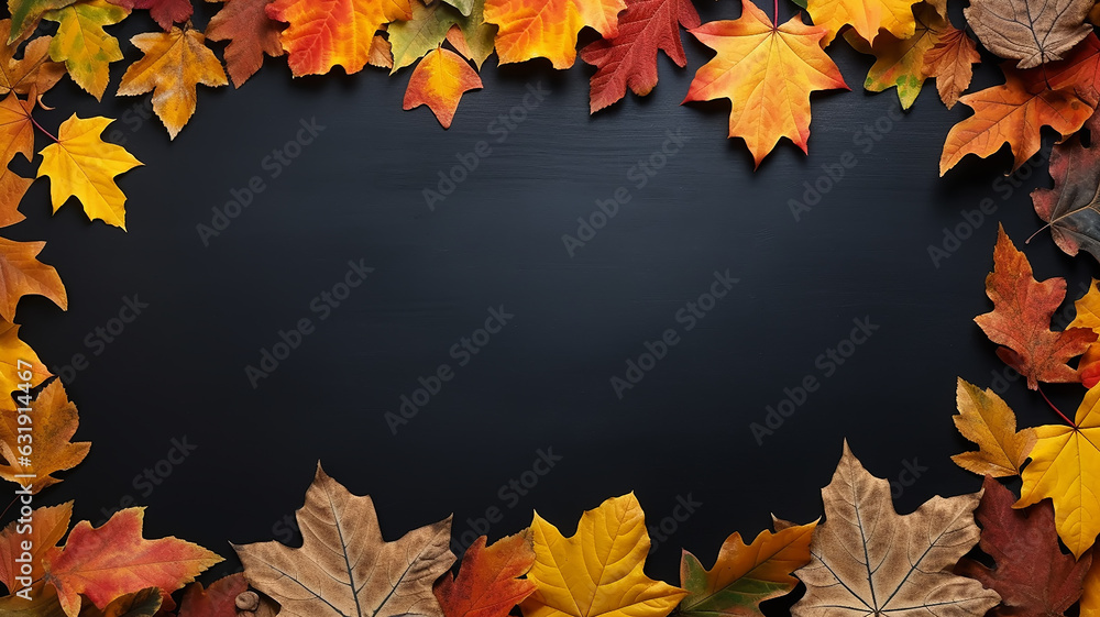 background frame school chalkboard black framed with yellow autumn leaves.