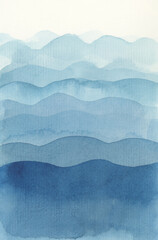 Ink Wave watercolor hand drawn strip blue stain blot painting. Paper texture background.