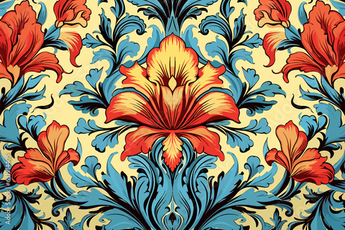Floral fabric pattern. Ethnic flowers ornate elegant luxury style. Art graphic print design for carpet fabric texture textile wallpaper background backdrop rug.