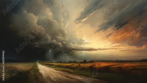 Obraz na plátně drawing of a tornado on the road in a field sunset colors.