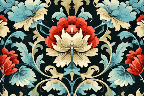 Floral fabric pattern. Ethnic flowers ornate elegant luxury style. Art graphic print design for carpet fabric texture textile wallpaper background backdrop rug.